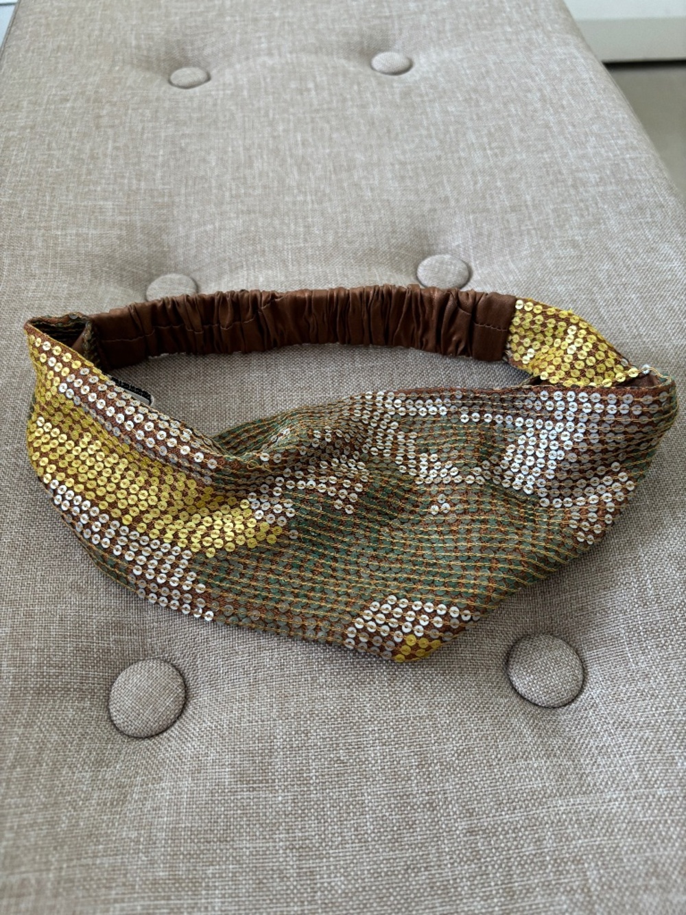 Vintage Eugenia Kim Silk sequin multi brown/ gold headband